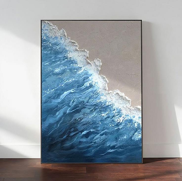 Minimalisme de l’art mural bleu vague de plage Peintures à l'huile